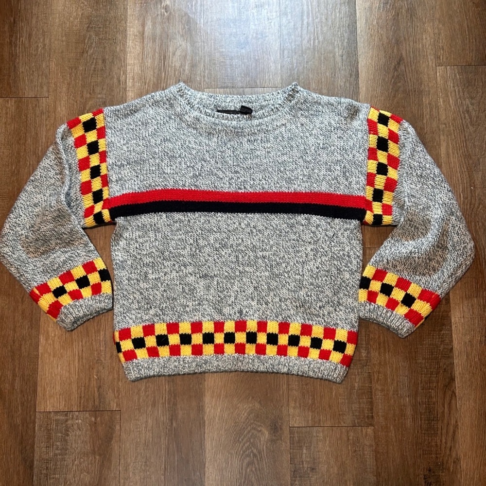 Vintage Tomboy Geometric Knit Sweater Grey Red Yellow Checkered 90s Retro Medium